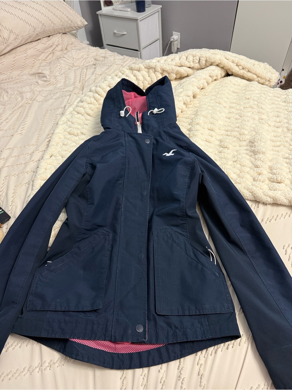 Hollister Navy Hooded Rain Jacket with Pink Lining